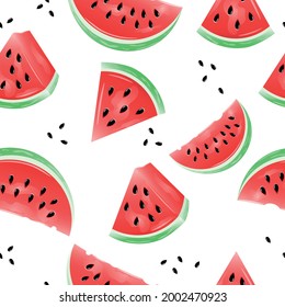 Realistic and 3D different Watermelon Slices vector background. Fresh watermelon slices set. Ripe of watermelon seamless pattern. Wallpaper, Wrapping paper, banner or card for printing or website use.