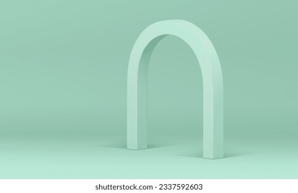 Realistic 3d display advertising showroom with arch light green studio background vector illustration. Minimalist promo showcase isometric archway geometric shape for product commercial presentation
