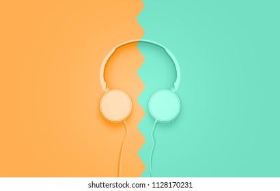 Realistic 3D divided pastel coloured headphones with wires