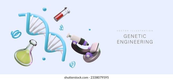 Realistic 3d DNA structure, different flask with liquids and microscope. Concept of genetic engineering. Medical research in professional laboratory. Vector illustration with place for text