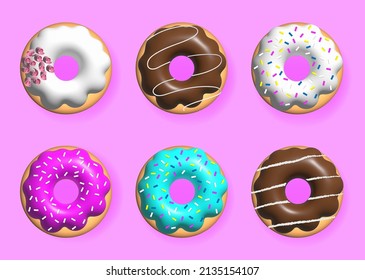 Realistic 3D donut collection with pictures of colorful toppings, donuts. Set of 3d glazed colorful cupcakes, vector.