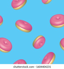 Realistic 3D donut. Pink donut seamless pattern on blue background.