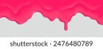 Realistic 3D dripping glossy pink chewing gum isolated on a transparent background. Border of flowing sticky sweet slime. Vector template of slime, cream or caramel icing for cake or donut