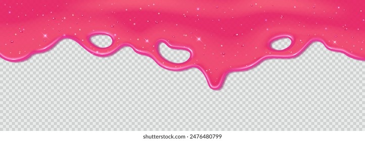 Realistic 3D dripping glossy pink slime with glitter isolated on transparent background. Border of flowing sticky sweet jelly. Vector template of chewing gum, cream or caramel icing for cake or donut