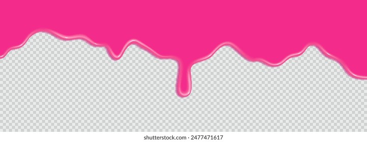 Realistic 3D dripping glossy pink chewing gum isolated on a transparent background. Border of flowing sticky sweet slime. Vector template of slime, cream or caramel icing for cake or donut