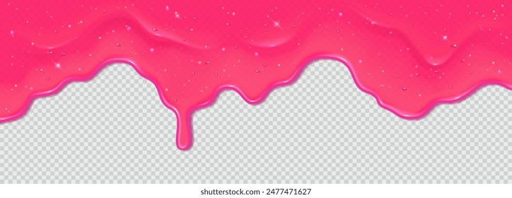 Realistic 3D dripping glossy pink slime with glitter isolated on transparent background. Border of flowing sticky sweet jelly. Vector template of chewing gum, cream or caramel icing for cake or donut