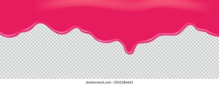 Realistic 3D dripping glossy pink chewing gum isolated on a transparent background. Border of flowing sticky sweet slime. Vector template of slime, cream or caramel icing for cake or donut