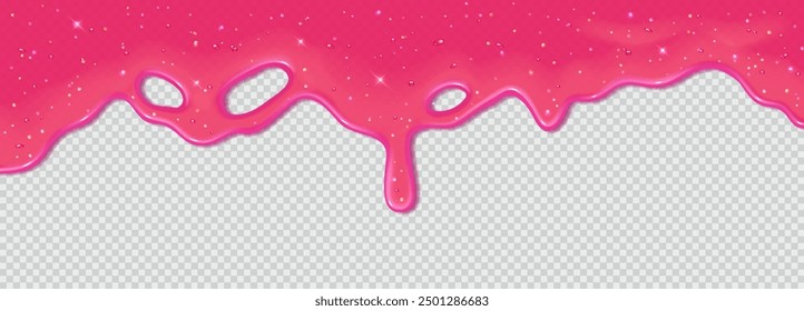 Realistic 3D dripping glossy pink slime with glitter isolated on transparent background. Border of flowing sticky sweet jelly. Vector template of chewing gum, cream or caramel icing for cake or donut