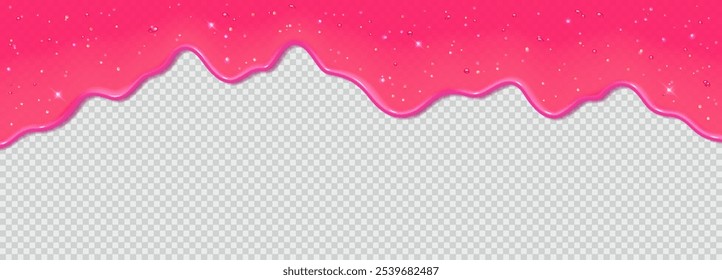 3D realista goteando baba rosa brillante con brillo aislado sobre fondo transparente. Borde de gelatina dulce pegajosa que fluye. Vector Plantilla de chicle, crema o glaseado de caramelo para pastel o dona