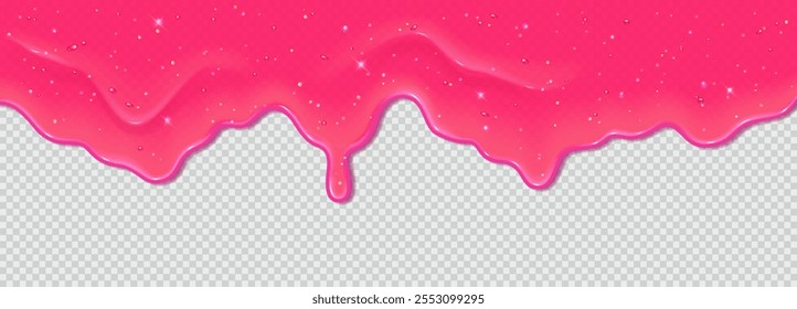 3D realista goteando baba rosa brillante con brillo aislado sobre fondo transparente. Borde de gelatina dulce pegajosa que fluye. Vector Plantilla de chicle, crema o glaseado de caramelo para pastel o dona