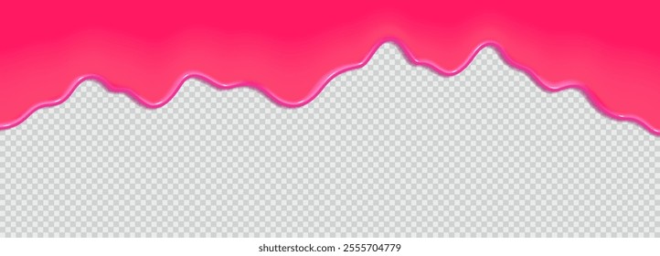 Realistic 3D dripping glossy pink chewing gum isolated on a transparent background. Border of flowing sticky sweet slime. Vector template of slime, cream or caramel icing for cake or donut