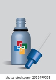 Realistic 3D dropper  bottle .  Blank vials for liquid drug. light blue bottle template with deep blue dropper cap. 3d Vector illustration .Eps 10.