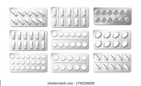 Realistic 3d drugs blister packaging. Medicine painkiller pills Pack. Illustration of chemical tablet vitamin or painkiller in blister isolated on white. Vector