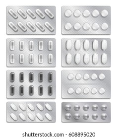 Realistic 3d drugs packaging, painkiller pills vector set. Pack of drug tablets, illustration of chemical tablet vitamin or painkiller