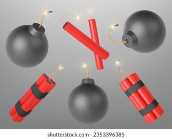Realistic 3d dynamite and bomb. Dangerous explode elements, burning bombs wicks. Symbol terrorism, war and aggression pithy vector clipart