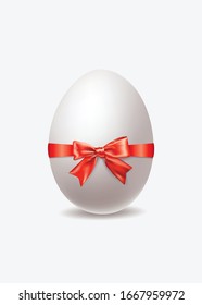 Realistic 3D Easter Egg with Festive Red Satin Ribbon and Silk Bow Decoration. Happy Easter Vector Egg Gift Isolated