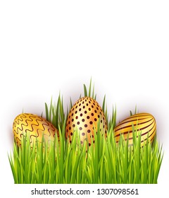 Realistic 3d Easter golden eggs in green grass. Vector illustration for greeting card, banner, promotion, poster, flyer