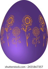 Realistic 3D egg decorated with outline sunflowers row motif drawing for Easter greeting card