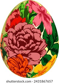 Realistic 3D egg decorated with spring flowers motif drawing for Easter greeting card