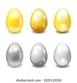Realistic 3d Eggs isolated on white background. Golden and Silver eggs, pearl shine, crystal and metallic balls. Vector objects.