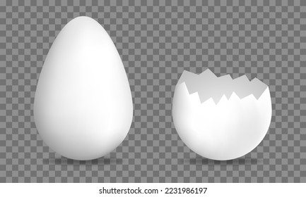 Realistic 3d eggs. Large egg and cracked egg. Vector illustration isolated on transparent background