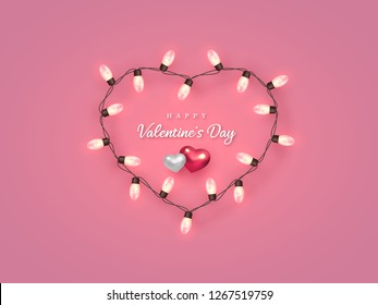 Realistic 3d electric bulb in heart shaped frame with metallic hearts. Valentines day pink holiday background. Vector illustration.