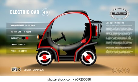 Realistic 3d Electric Car Info Graphic Concept. Digital Vector Car Poster With Icons