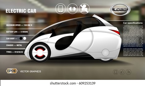 Realistic 3d Electric Car Info Graphic Concept. Digital Vector Car Poster With Icons