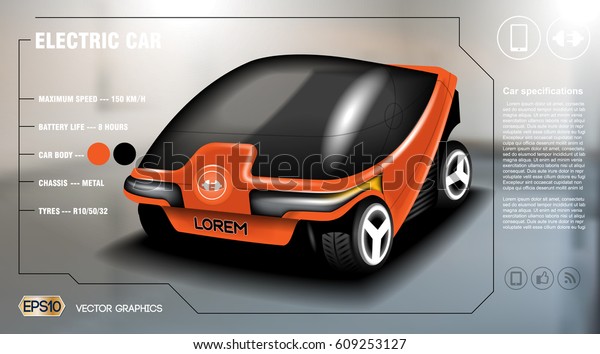 Realistic 3d Electric car info graphic\
concept. Digital Vector car poster with\
icons