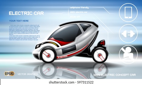 Realistic 3d Electric Car Infographic Concept. Digital Vector Electric Car Poster With Icons. E-commerce Business Concept