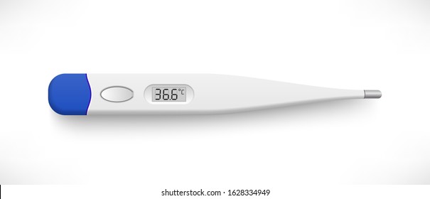 Realistic 3d electronic medical thermometer with shadow top view isolated on white background. Digital device icon showing 36.6 degrees Celsius temperature. Vector illustration