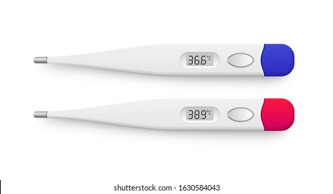 Realistic 3d electronic medical thermometers with shadow top view isolated on white background. Digital device screen showing 36.6 and 38.9 degrees Celsius temperature. Vector illustration