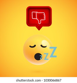 Realistic 3D emoticon with neon glowing dislike sign in a 3D speech bubble, vector illustration