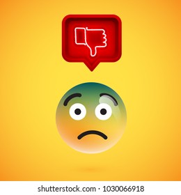 Realistic 3D emoticon with neon glowing dislike sign in a 3D speech bubble, vector illustration