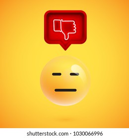 Realistic 3D emoticon with neon glowing dislike sign in a 3D speech bubble, vector illustration