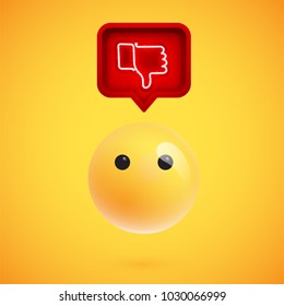 Realistic 3D emoticon with neon glowing dislike sign in a 3D speech bubble, vector illustration