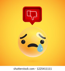 Realistic 3D emoticon with neon glowing dislike sign in a 3D speech bubble, vector illustration