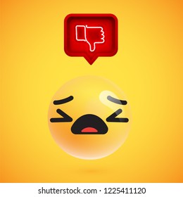 Realistic 3D emoticon with neon glowing dislike sign in a 3D speech bubble, vector illustration