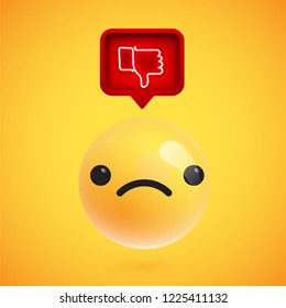 Realistic 3D emoticon with neon glowing dislike sign in a 3D speech bubble, vector illustration