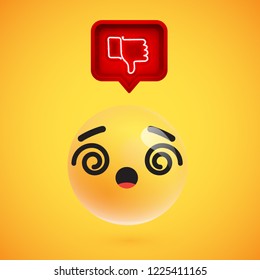 Realistic 3D emoticon with neon glowing dislike sign in a 3D speech bubble, vector illustration