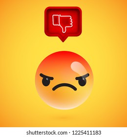 Realistic 3D emoticon with neon glowing dislike sign in a 3D speech bubble, vector illustration