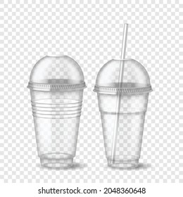 Realistic 3d empty clear plastic disposable cup with sphere dome cap and straw isolated on transparent background. Template of drink packaging mockup. Vector illustration