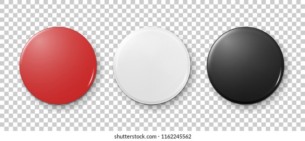 Realistic 3d empty graphic red, white and black button badge icon set isolated on transparency grid background. Front and top view. Design template for branding, advertise etc. Vector mockup