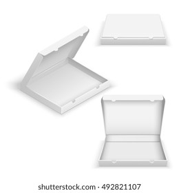 Realistic 3d empty pizza boxes isolated on white vector illustration. Mockup empty container for storage food