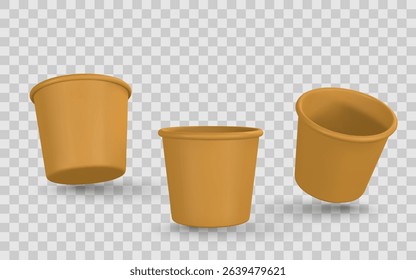 Realistic 3D Empty Plastic Cups in Brown Color on Transparent Background. Perfect for Food Packaging and Branding Mockups. Vector Illustration.