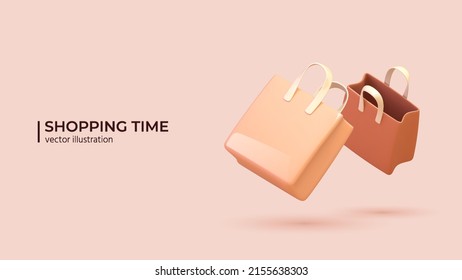 Bolsas de compras tridimensionales vacías. Concepto de compras en línea y promociones de vacaciones en caricatura de estilo mínimo. Ilustración del vector