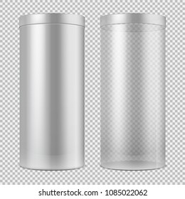 Realistic 3d empty transparent glass jar and and white can with lid. Package for food, cookies and gifts vector template isolated. Container object design isolated on translucent illustration