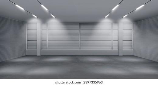 Realistic 3d empty warehouse, storehouse interior with shutter gates, illuminating lamps on ceiling. Delivery service, industrial room rental storage facility. Eps10 vector illustration.