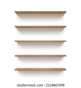 Realistic 3d empty wooden wall shelves for book display. Bookshelf mockup with wood texture. Grocery market racks front view vector template. Retail store or warehouse furniture elements