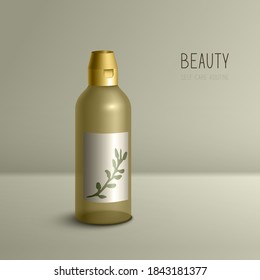 Realistic 3d essence bottle cosmetic. Treatment collagen vitamin serum. Self-care. Beauty package mockup for advertising banner, text template, vector illustration art